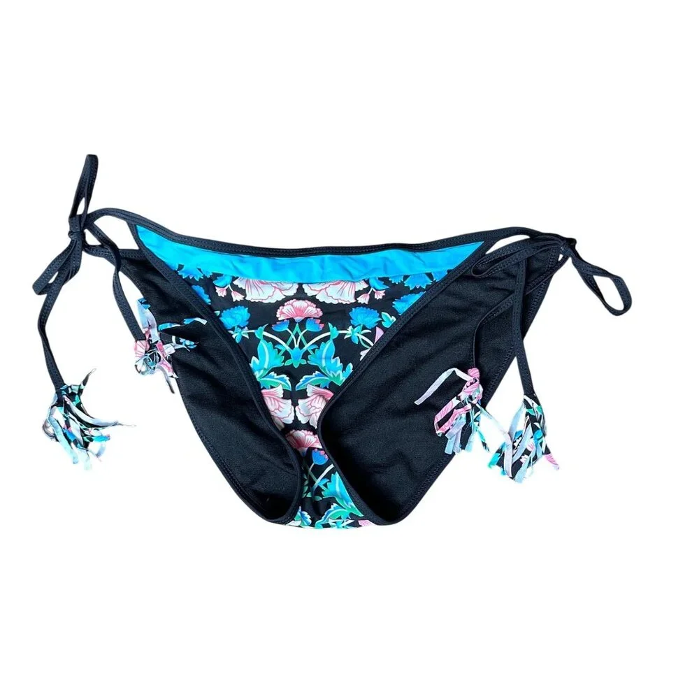 Womens Floral Print Black & Blue Bikini Swim Bottom With Adjustable Side Ties M - Picture 1 of 5